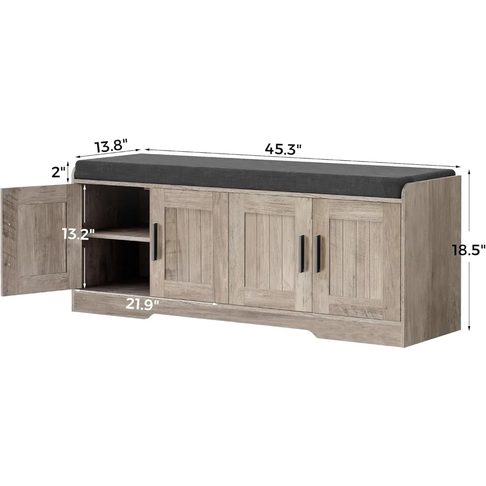 مقعد أحذية للتخزين بطبقة مزدوجة مع وسادة مقعد مبطنة، وخزانة مدخل تتميز بـ 4 أبواب وأرفف قابلة للتعديل، مقاس 13.8 بوصة