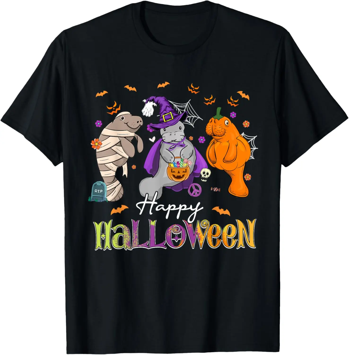 Happy Halloween Kid Boy Girl Manatee Witch Mummy Pumpkin T-Shirt