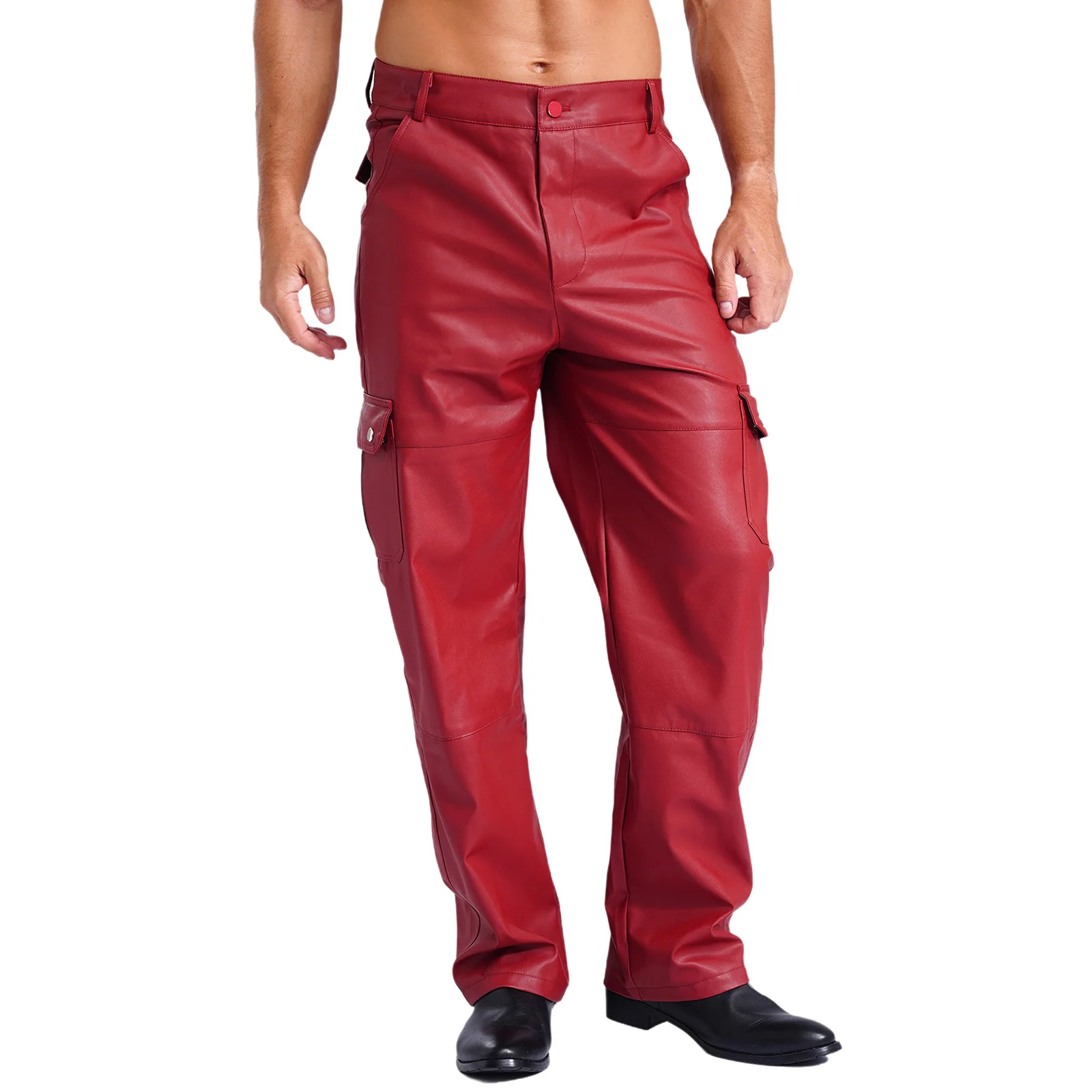 Mens PU Leather Pants Multiple Pockets Smooth Lining Trousers Motorcycle Over Pants Music Festival Party Clubwear Streetwear