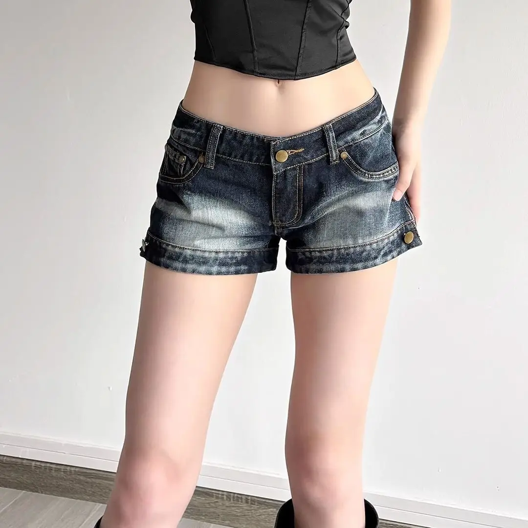 

Летние женские джинсовые шорты с низкой талией в американском стиле Y2K для девочек, эластичные облегающие шорты, женские сексуальные джинсы с глубокими синими бедрами