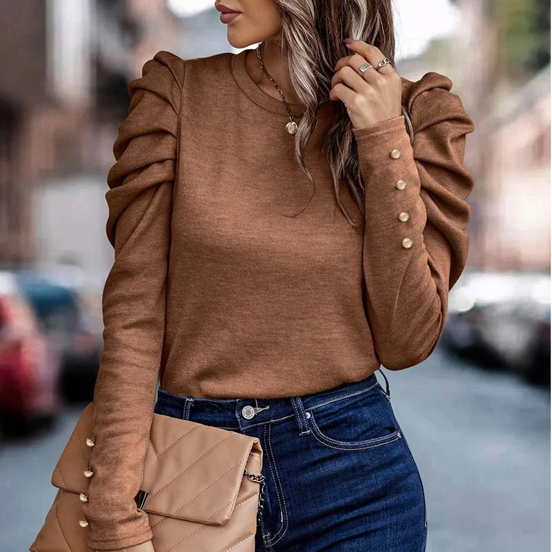 Women Autumn Long Sleeve T-Shirts O Neck Ruff Sleeve Solid Office Tops Female Casual Loose Shirts For Women Casual Tee