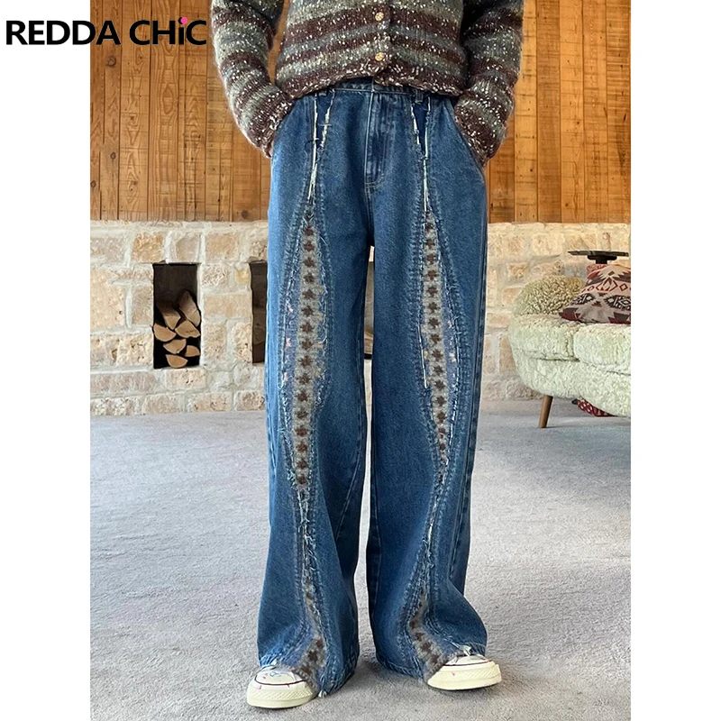 REDDACHiC Boho Fair Isle Knit Baggy Jeans Women Holy Eye Crocheted Low Rise Spliced Raw Edge Wide Pants Holiday Vintage Clothes