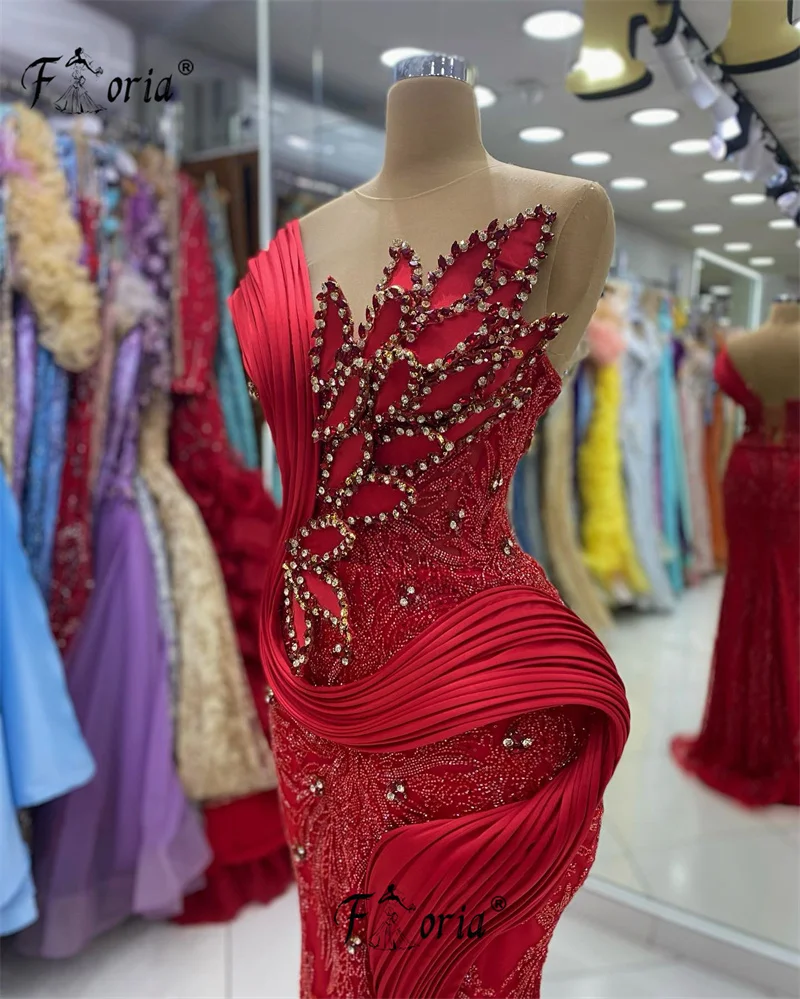 Elegant Dubai Red Mermaid Wedding Evening Dress Beaded 3D Leaf Appliques Formal Occasion Gown Prom Party Dress robes de cocktail