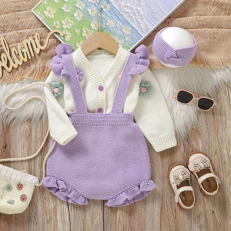 Girl Baby Clothes Set Knit Newborn Sweater Long Sleeve +Pants Fashion Ruffle +Hearwear Autumn Infant Cardigan Bodysuit Headdress