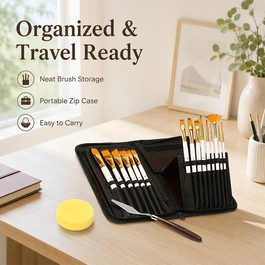 15-Piece Artist Paintbrush Set with Zippered Storage Box Nylon Brushes for Oil Acrylic Watercolor Painting Suitable for Beginner