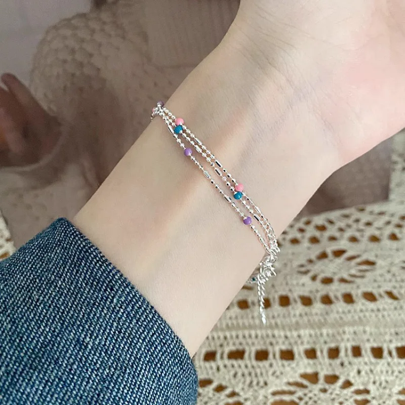 

VENTFILLE 925 Sterling Silver Multicolour Bead Bracelet For Women Three Layers Geometry Drip Glaze Versatile Jewelry Dropship