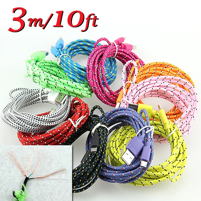 100pcs/lot For Samsung for HTC 1M 2M 3M Micro USB Charger Braided Woven Fabric Knitted Cable Sync Charging Cord Colorful