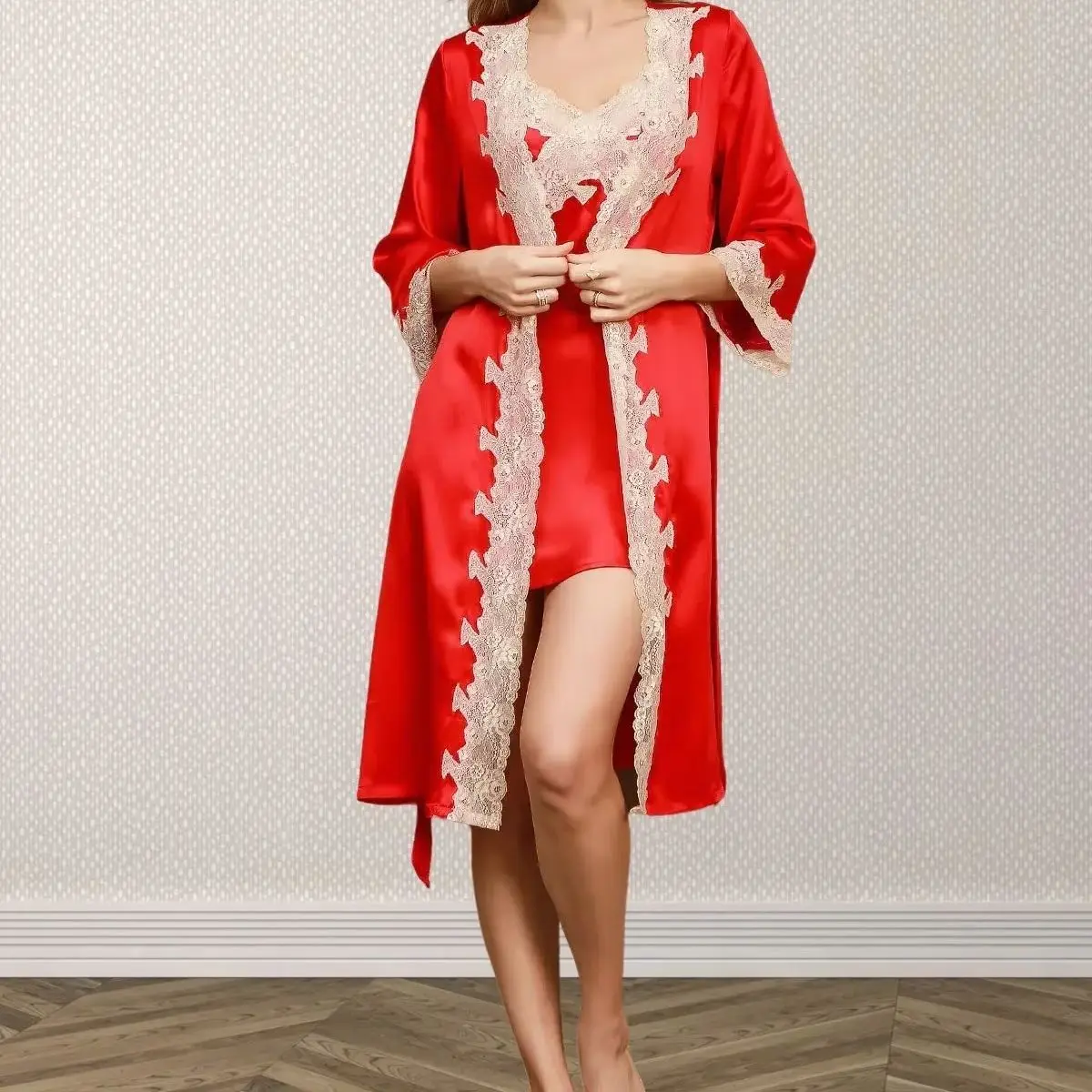 100% Mulberry Silk Sleeping Robe Sling Dress Women Spring Summer Sexy Lingerie Pajama Set Luxury Elegant Home Kimono Nightgown