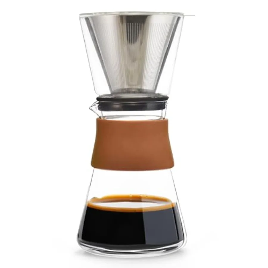 

Amsterdam Glass Pour Over Coffee Maker - Single Cup Manual Dripper Brewer w/Removable Glass Top and Permanent Stainless Steel F