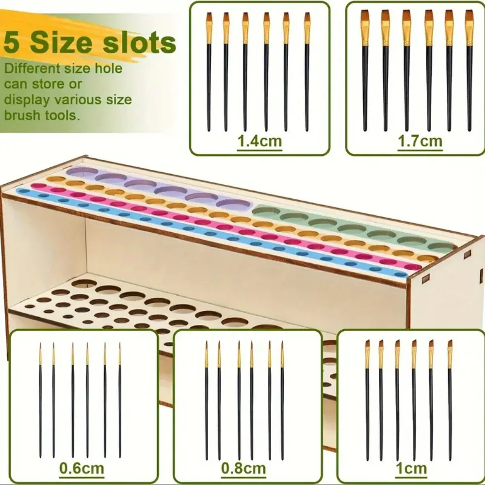 67-Slot Wooden Brush Holder Premium Double-layer Durable Artist Desk Organizer Pencil Paint Brushes Storage Art Craft