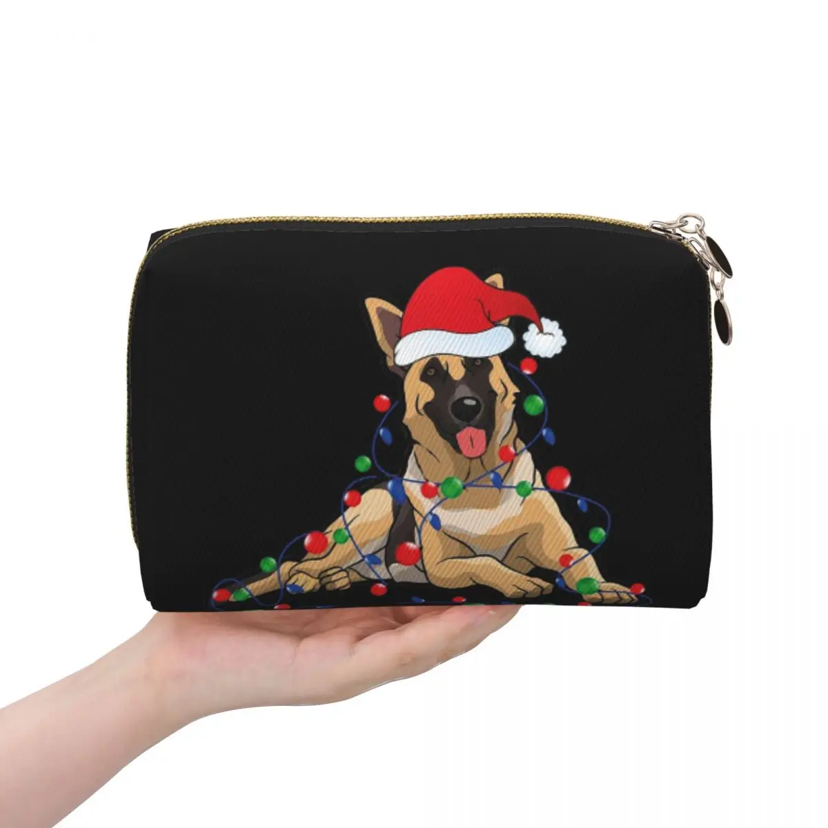 Christmas Lights German Shepherd Dog With Santa Women Cosmetic Bags Travel Makeup Organizer Pouch Toiletry Storage Dopp Kit Case
