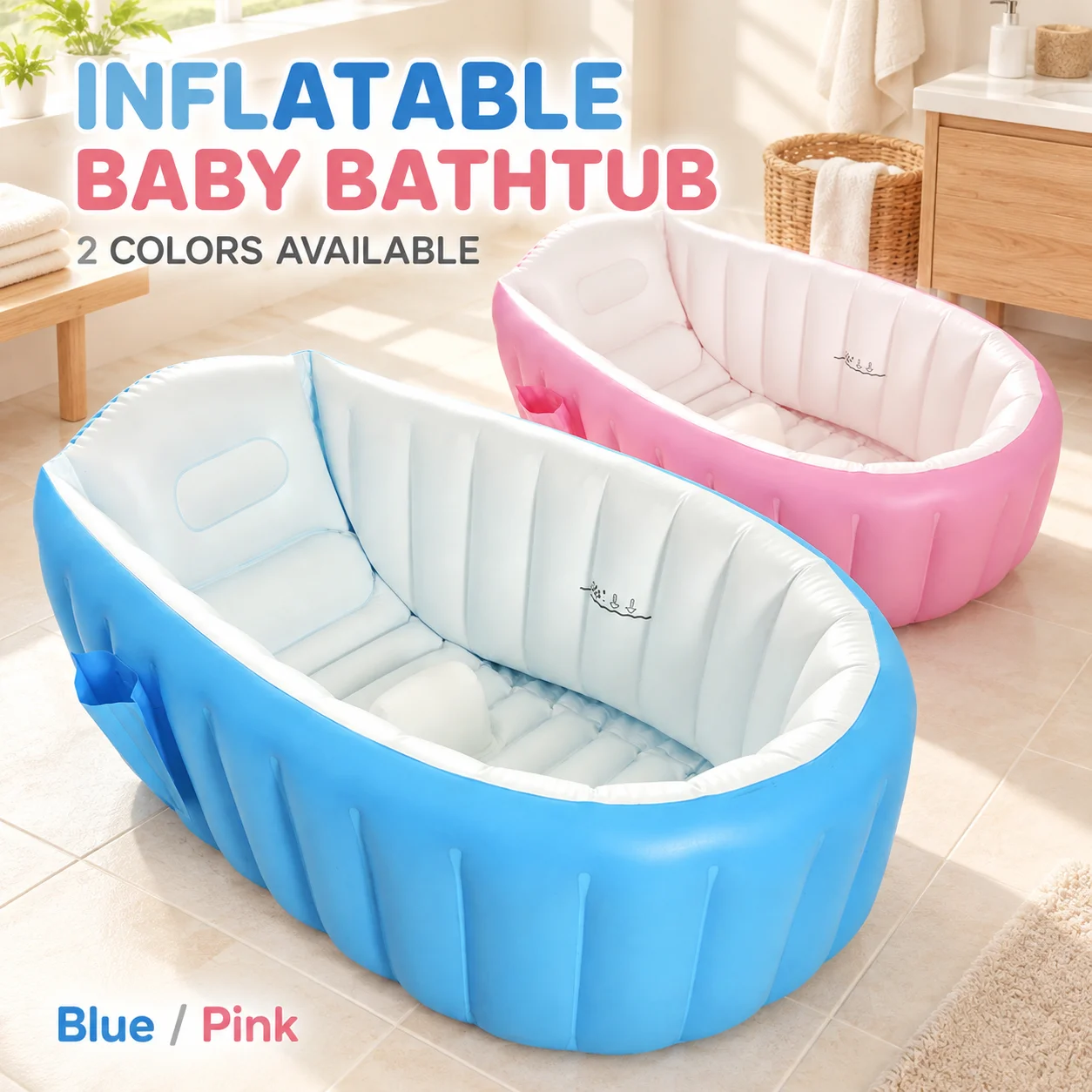 1PC Inflatable Baby Bathtub 98x65x28cm Portable Toddler Bath Tub with Backrest Soft Padded Bath Basin for Home Travel