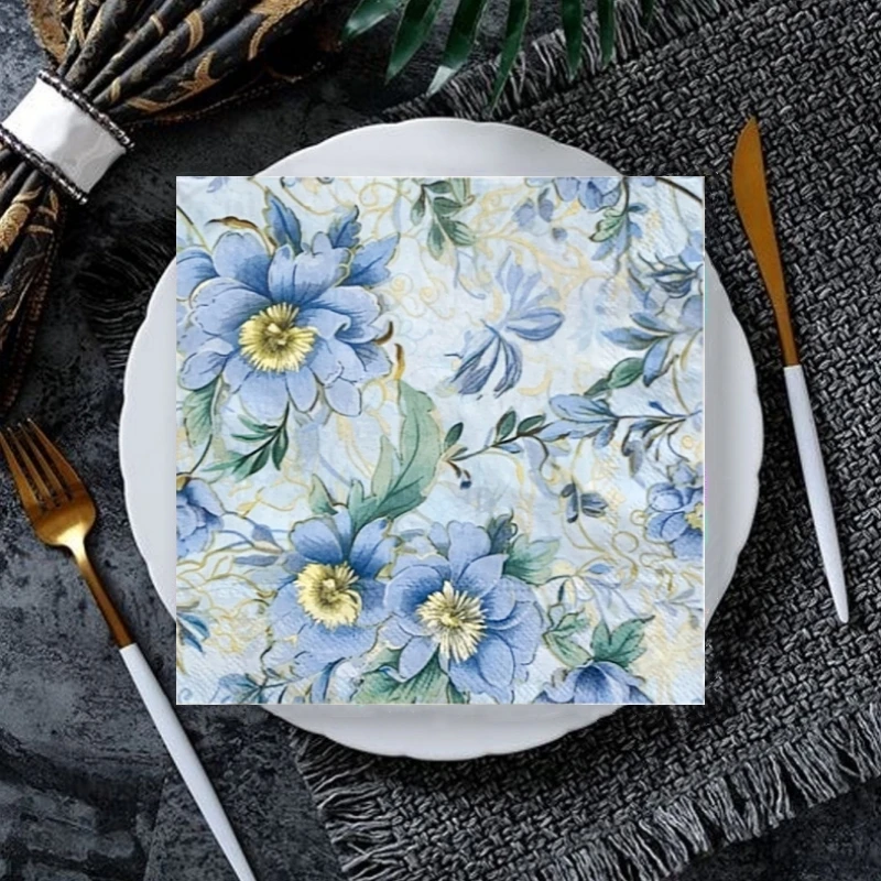 20Pcs/Bag Vintage Blue Flower Decoupage Paper Napkins Floral Paper Serviettes for Xmas Birthday Party Tableware Decor New 2024