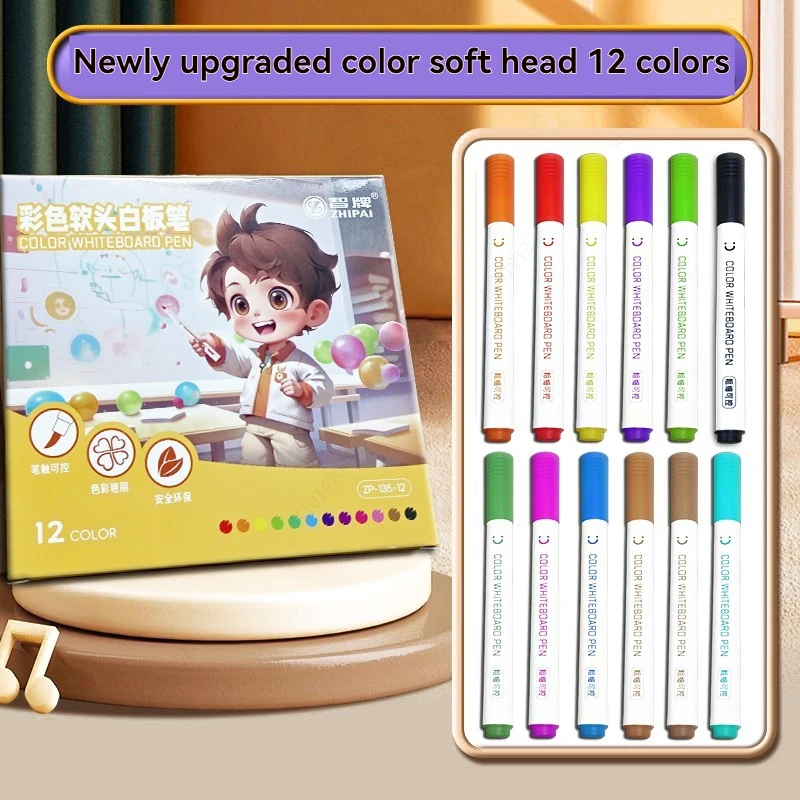12 Pcs Brush Tip Dry Erase Marker Pen Set, Whiteboard Markers, Wipe‑Off Drawing Pens for School Office Stationery Supplies