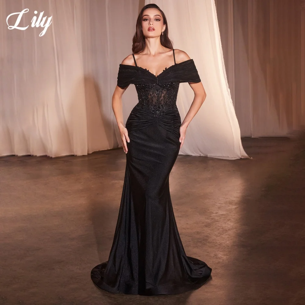 

Lily Black Elegant Prom Dresses Sweetheart Spaghetti Straps Prom Gown Shiny Satin Applique Sequins Formal Gown 프롬 드레스 Customized