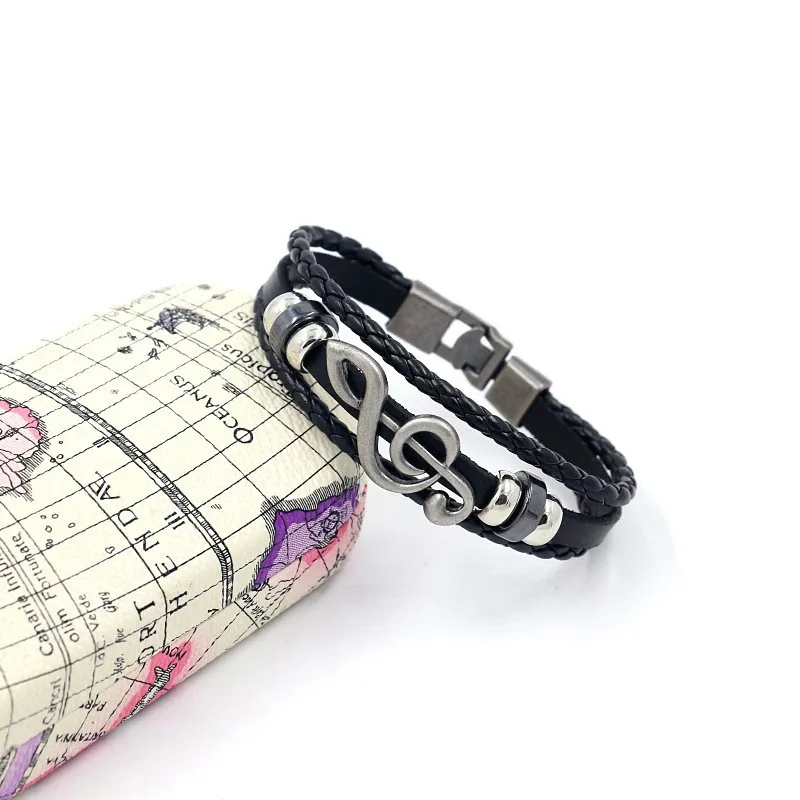 Vintage Multi-layer Leather Woven Music Note Bracelet Charming Men\'s Bracelet Fashion Hip-hop Punk Accessories Jewelry Wholesale