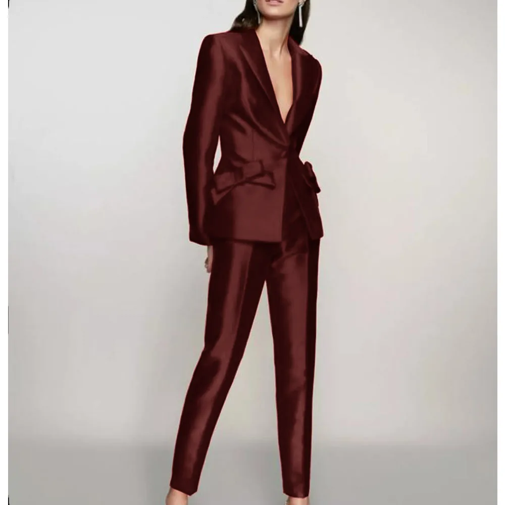 Satin Fabric Ladies Suit 2 Elegant Pieces Slim Fit One Button Jacket + Pencil Pants Wedding Tuxedo 2022