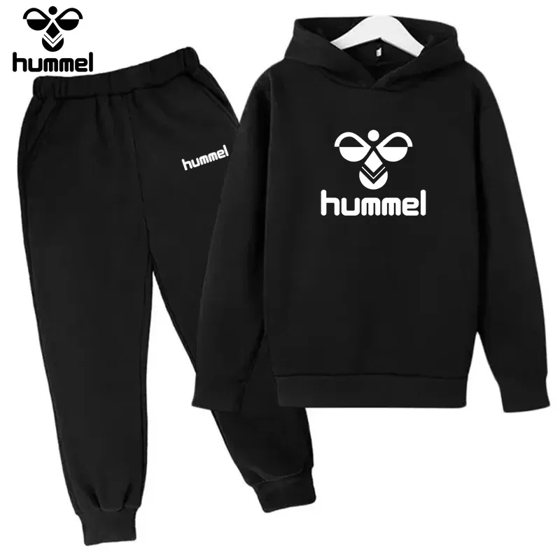 

Бренд HUMMEL, детская толстовка с капюшоном, пальто + брюки, костюм для мальчиков и девочек 3-12 лет, детская одежда, черная модная повседневная спортивная одежда для малышей