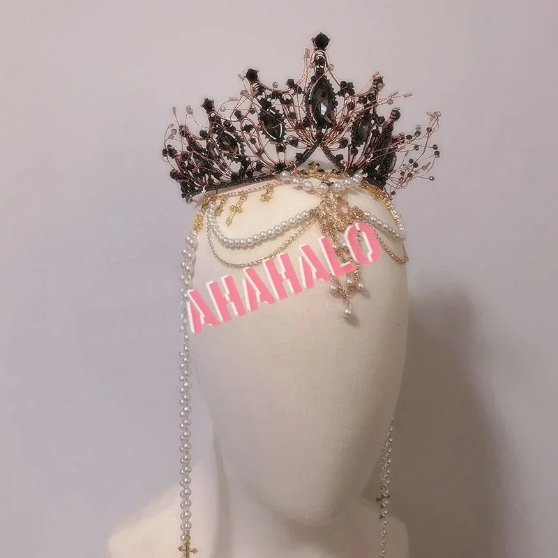 Gothic KC Crown Halo Lolita Gorgeous Bead Chain Pendant Gold Black Crown Headpiece Sun Goddess Queen Princess Hair Accessories