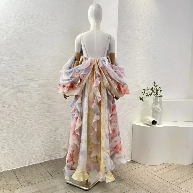 Linen Silk 2025 New Design Holiday Beach Style Floral Print Ruffles Off Shoulder Sling Backless Women High Quality Maxi Dress