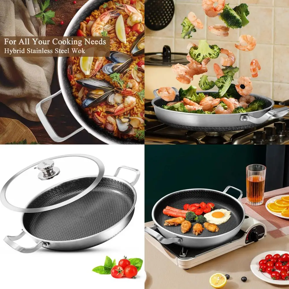 

13 Inch Nonstick Stainless Steel Paella Pan with Lid, Oven and Dishwasher Safe, Suitable for Induction, Gas, and Electric Cookto