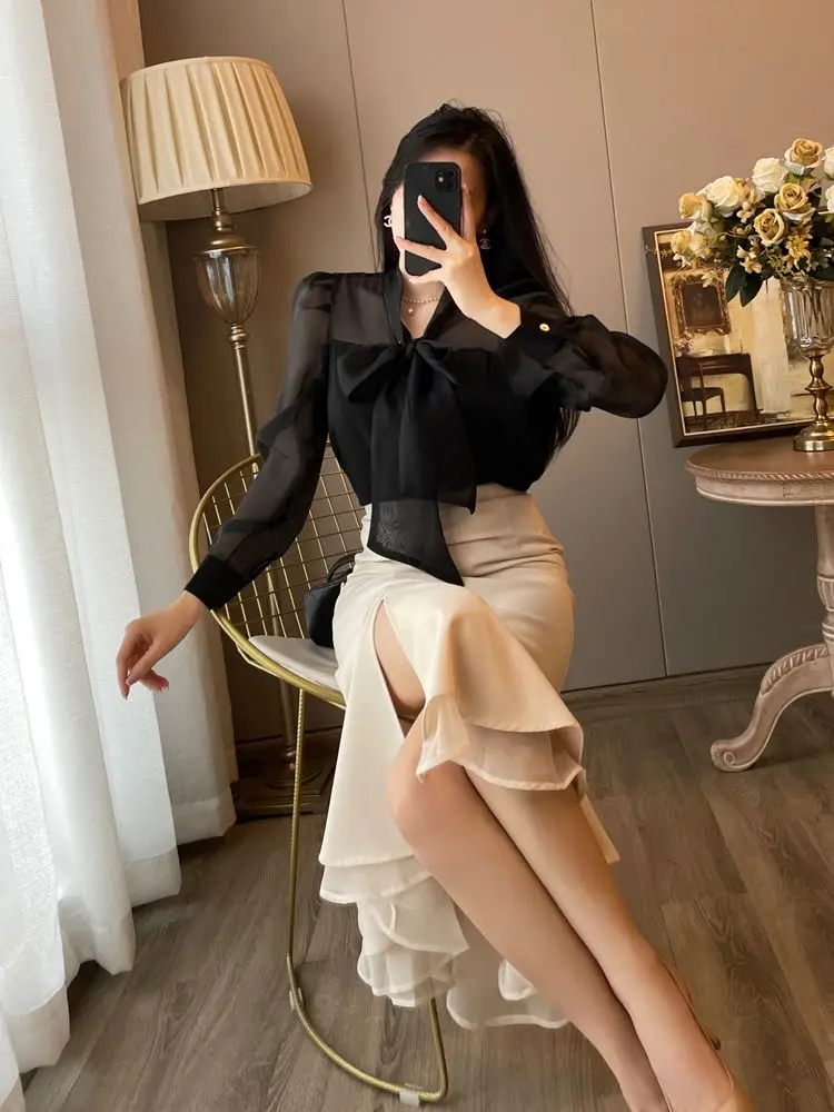 New French Autumn Women's Matching Set Fashion See Through Lace Up Bow Long Sleeve Shirt + Wrapped Hip Mermaid Skirt 2 Piece Set