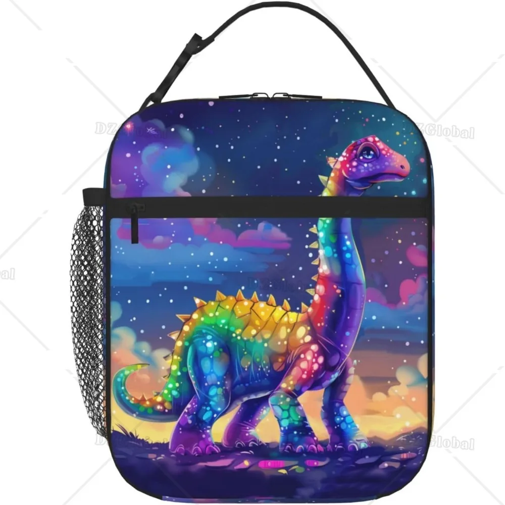 Dinosaur Insulated Lunch Bag Cute Dino Rainbow Tie Dye Body in Magic Sparkle Space Lunch Box Reusable Thermal Bento Tote Bag