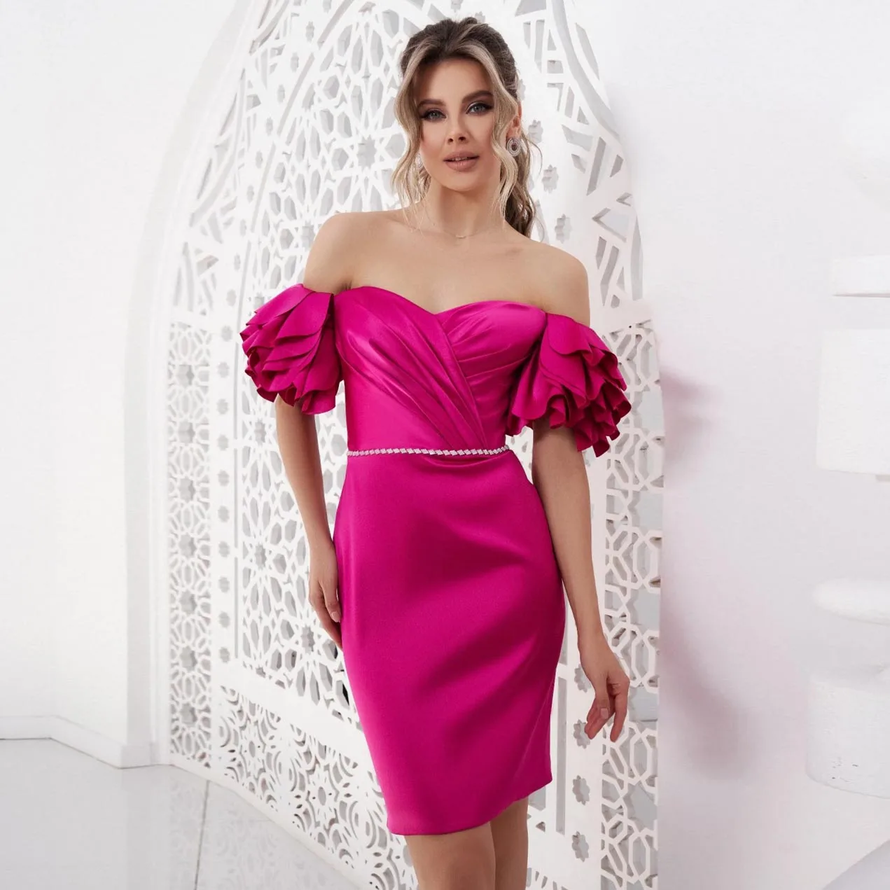 Graceful Hot Pink Office Ladies Dress Off Shoulder Ruffled Midi Length Satin Dresses With Zipper Custom Made Color Party Gown