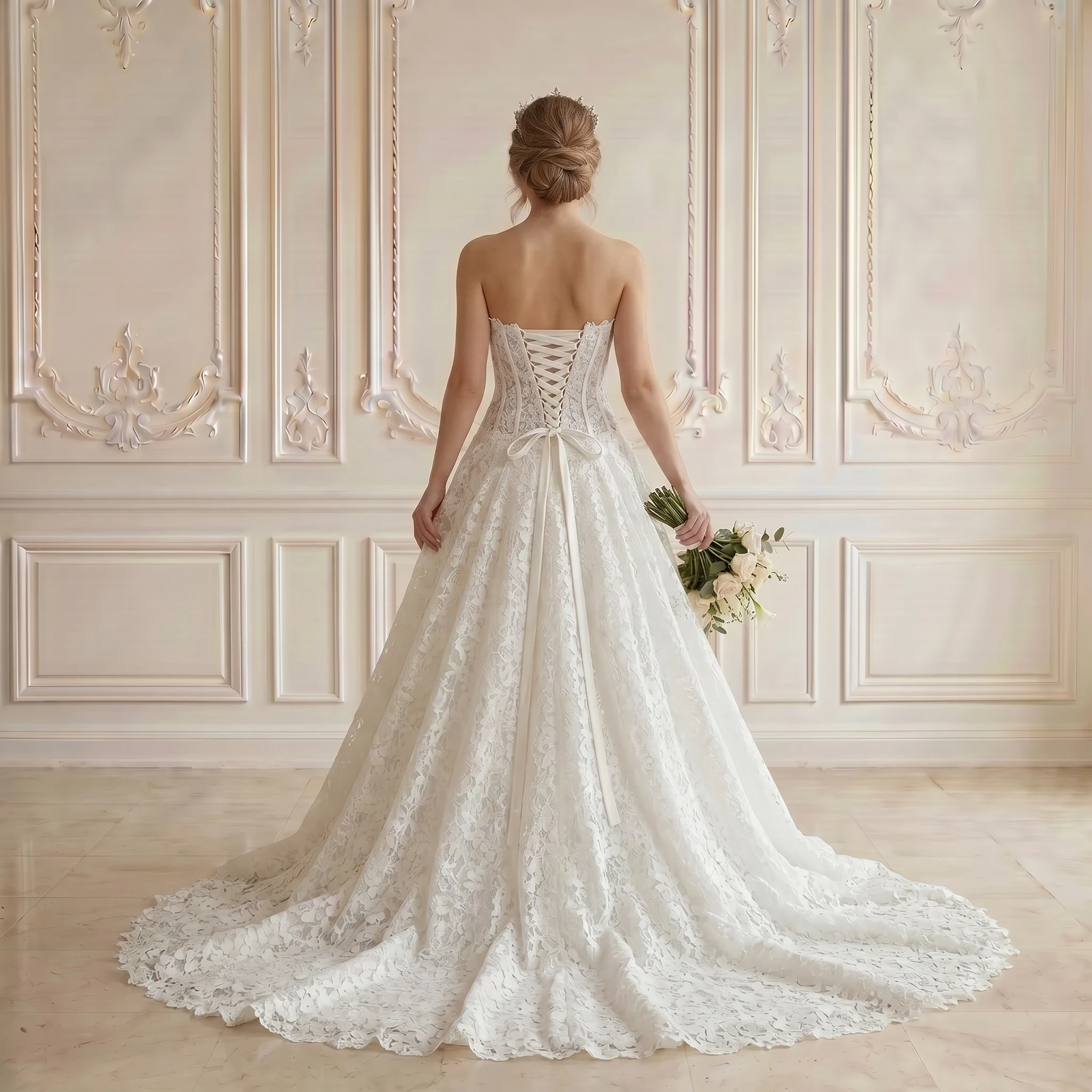 Strapless Scalloped Neck A Line Wedding Dress Full Floral Lace Corset Back Scalloped Chapel Train Bridal Gown