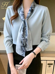 H Han Queen Elegant Autumn Bow Chiffon Simple Office Lady Blouse Female Shirt Loose Tops Long Sleeve Casual OL Blouses Women