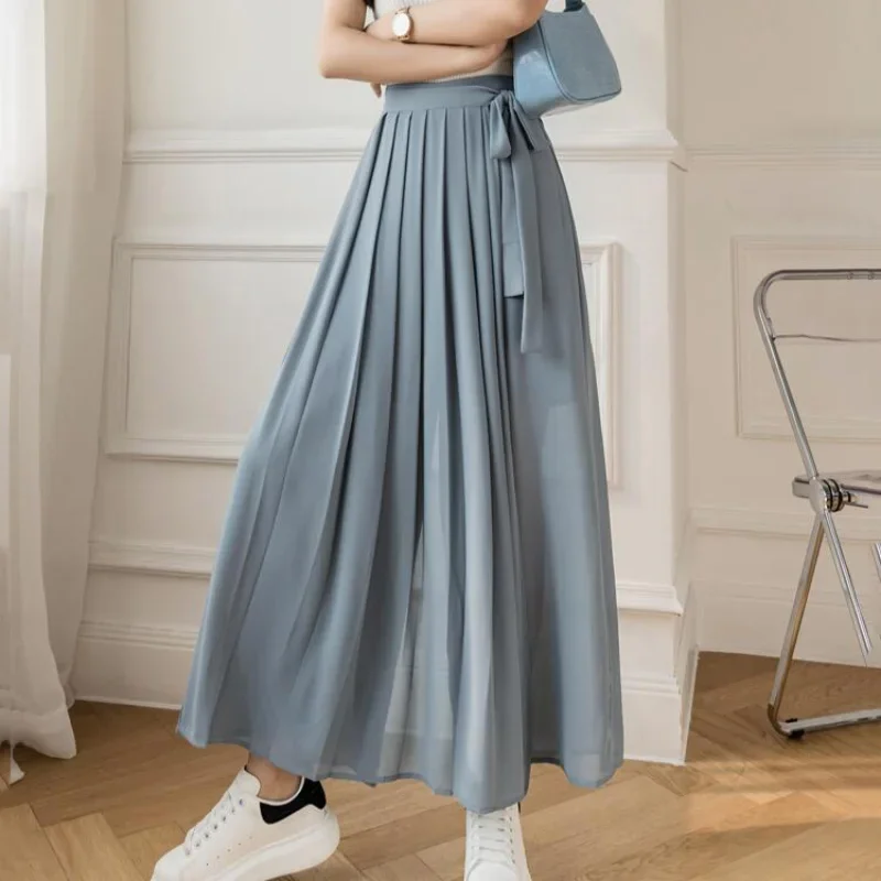 Women Solid Color Loose Wide Leg Pants 2024 Casual Lace Up High Waist Lady Pleated Pants Summer Spring Flowing Chiffon Trousers