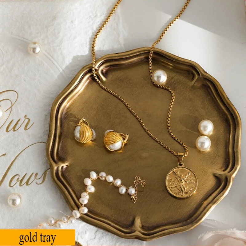

Retro French Retro Gold Tray Brass Old Round Aromatherapy Storage Tray Ins Wind Porch Jewelry Storage Tray
