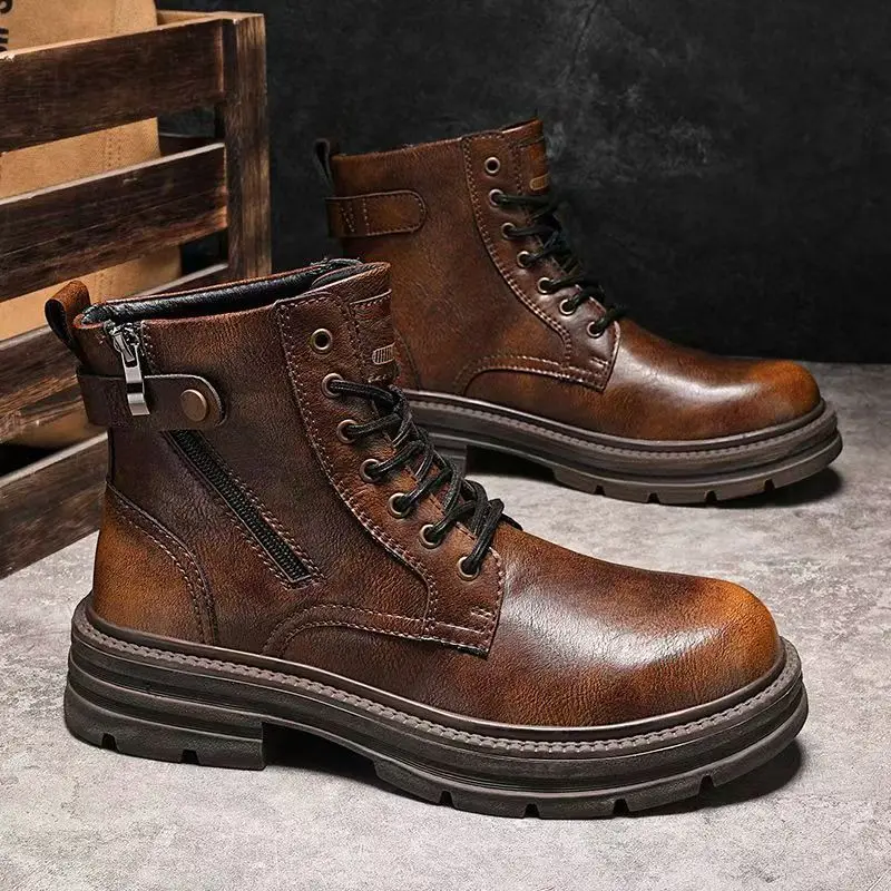 

Men's Leather High Top Work Boots Autumn Winter Thick Sole Non Slip Round Toe Lace Up British Style Retro Round Toe Ankle Boots