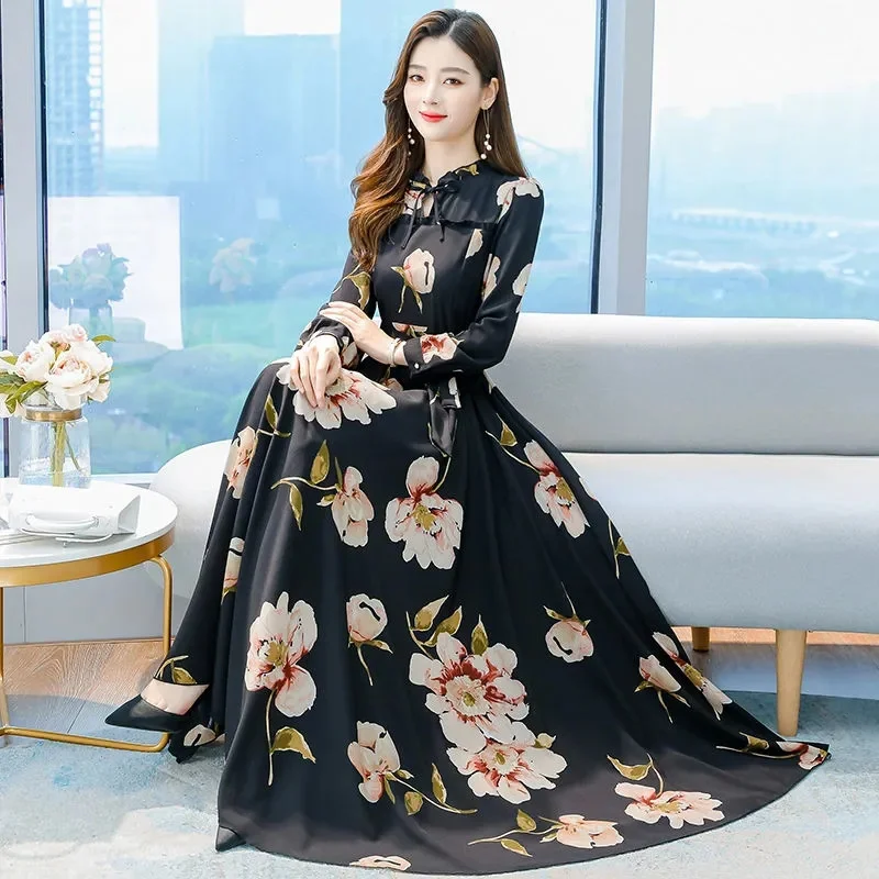 

2023 Spring Casual Chiffon Floral Fashion Dresses For Women Beach Prom Long Sleeve Elegant Tunics Chic Evening Midi Dress