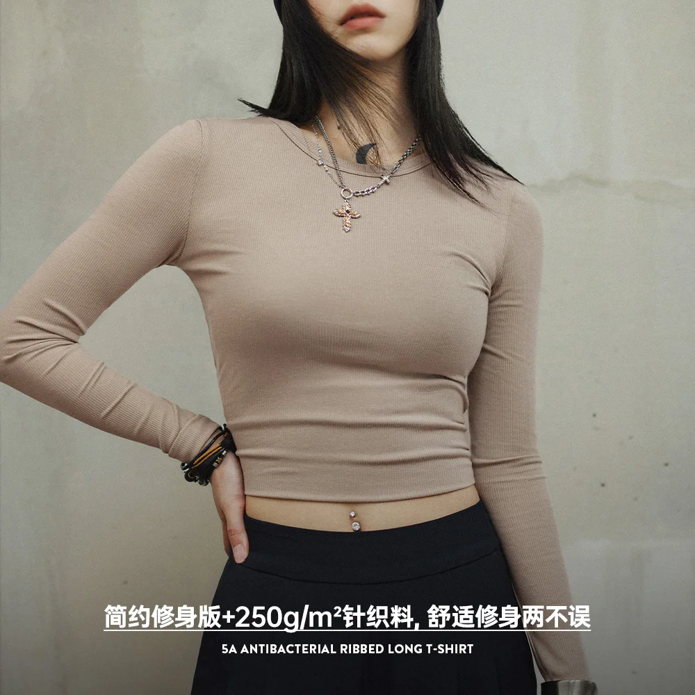 Maden 5A Antibacterial Ribbed Long T-shirt for Women Breathable O-Neck Threaded Bottom Shirt Autumn Solid Color Simple Tops