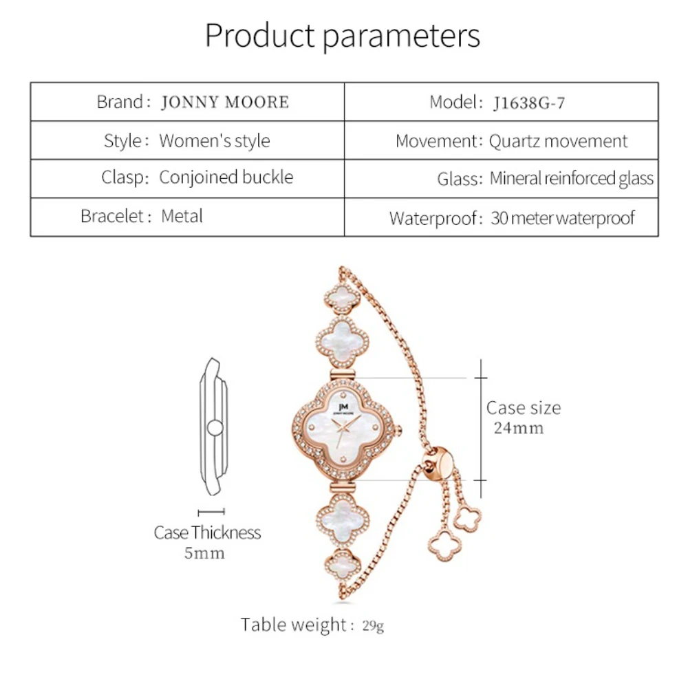 جوني مور 1638 ساعة نسائية موضة ساعة خفيفة فاخرة نمط سوار لاكي كلوفر 30 متر مقاوم للماء ساعات كوارتز للمرأة