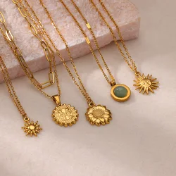 Gold Color Stainless Steel Sun Flower Geometric Necklace for Women Charm Pendant Summer Jewelry Anniversary Gift 2024 New Trendy