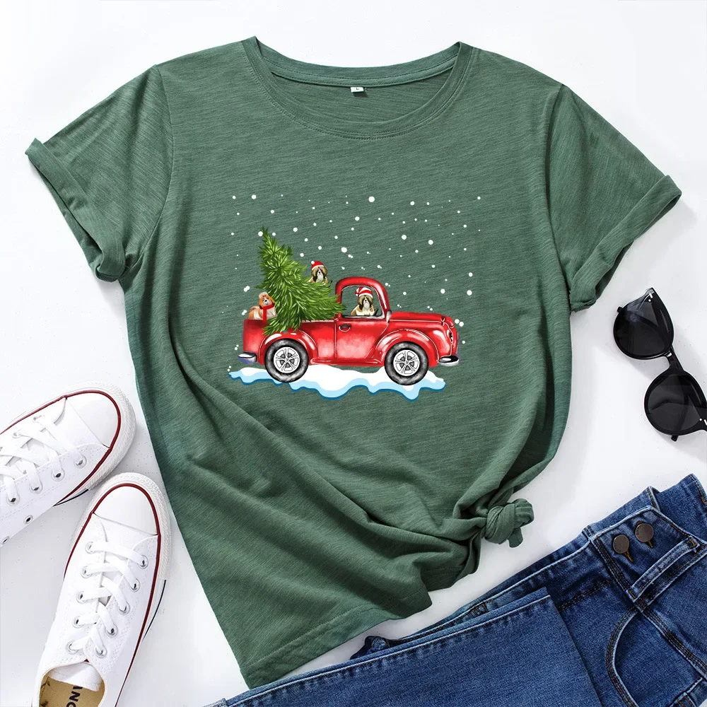 JFUNCY Women's Tops Christmas Dog Drive Car Cartoon Print T-shirt Female T Shirt Women Short Sleeve Graphic Cotton Tees