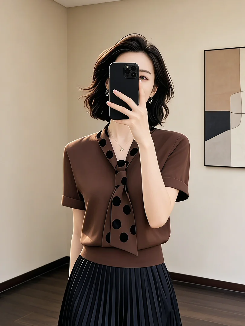 

Стильная коричневая футболка с поясом, повседневная, свободного кроя, женская, весна-лето, новинка, легкая, трендовая модель Maturi