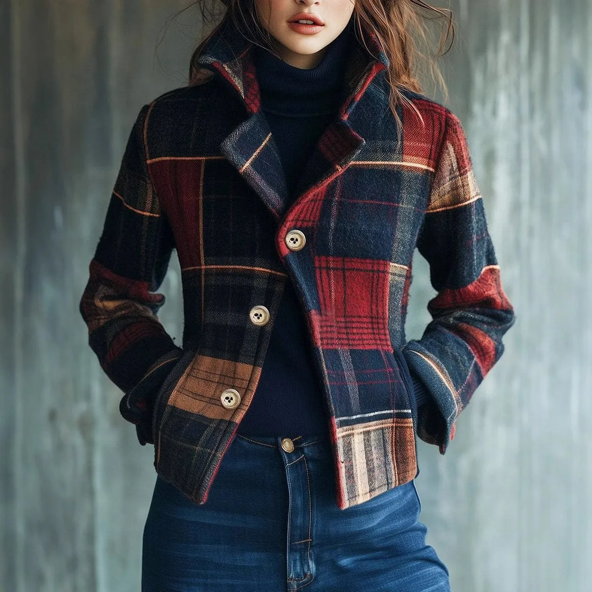 Plaid Button Front Coat with Stand Collar Regular Fit Edgy Street Women Jacket Autumn Composite Construction Long Sleeve
