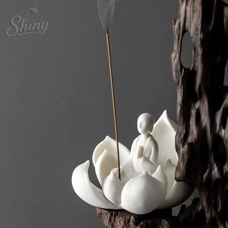 

White Porcelain Lotus Flower Incense Burner Home Indoor Sandalwood Meditation Incense Holder Small Monk Ceramic Ornaments
