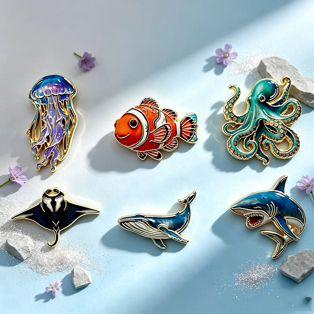 6Pcs Ocean Animal Enamel Pin Set, Marine Creature Brooches Jellyfish Octopus Clownfish Shark Whale Manta Ray, Kawaii Metal Pins