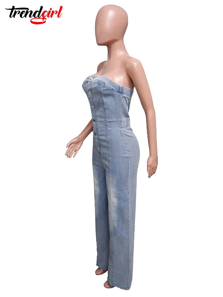 Mlaiscsr ปิดไหล่ด้านบน Backless DENIM Jumpsuits ผู้หญิงสีฟ้าเดี่ยวขากว้าง One ชิ้น Romper Jean Overalls