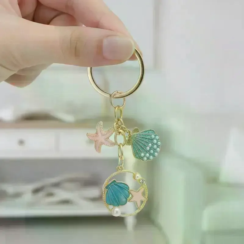 Cute Ocean Themed Seashell Conch Starfish Keychain Anti-loss Key Organizer for Women Girls Birthday Gift