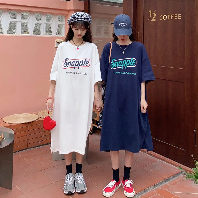 Women's Lazy Style Loose Casual Oversized Long Dress, Round Neck, Half Sleeve T-Shirt Dresses, Summer Fashion Printed, Korean