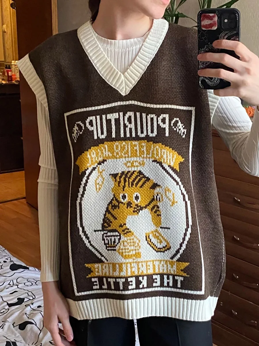 Women's Outerwear Knitted Vest Back To School Outfit V-neck Sleeveless Sweater Vest Cute Cat Printed Cartoon Sweater