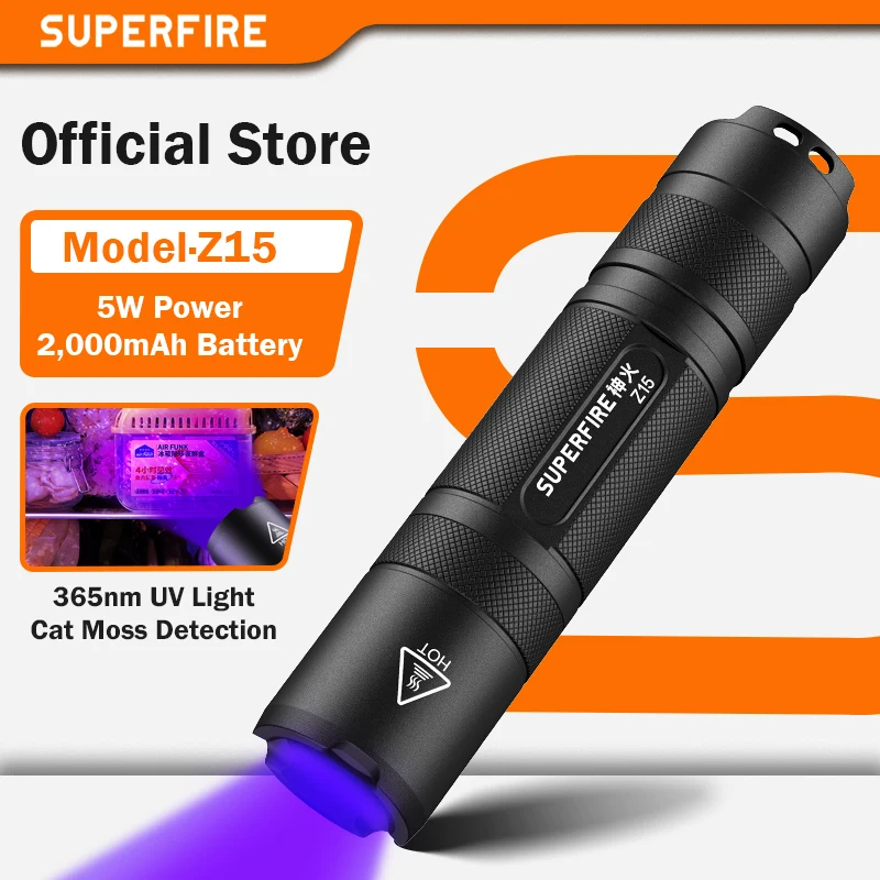 SUPERFIRE Z15 wiederaufladbares UV-Licht für Nägel, Taschenlampe, 365 nm, Mini-Ultraviolett-Licht-Taschenlampe, kompatibel mit 3 Arten von Akkus