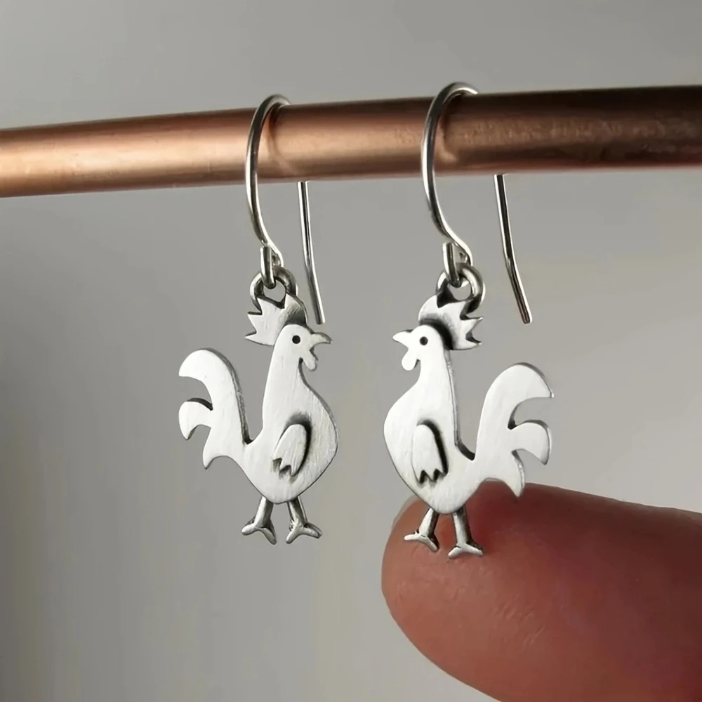 1Pair, Retro Simple Silver Color Animal Earring Chicken Shape Earrings For Women Daily Accessories Girls Holiday Party Jewelry