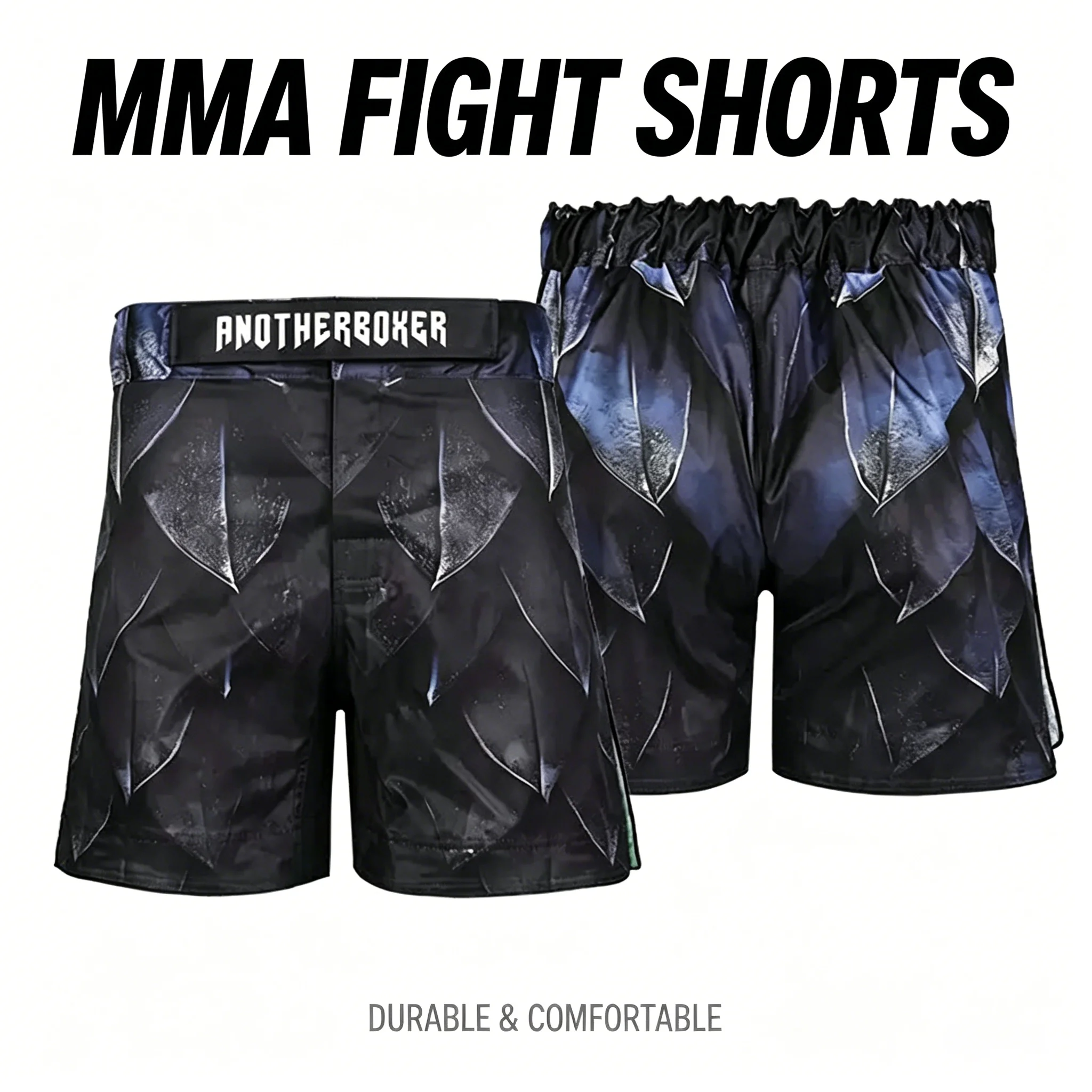 Schwarze, bedruckte Grappling-Shorts, reißfest, strapazierfähig, MMA Muay Thai Shorts mit geteiltem Bein-Design für Kickboxen, BJJ, Cross-Training