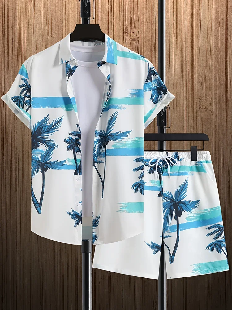 Hawaiian Mens Comfortable Shirt and Shorts Palm Leaf Print Mens Short Sleeve Shirt and Beach Shorts Breathable Set Summer